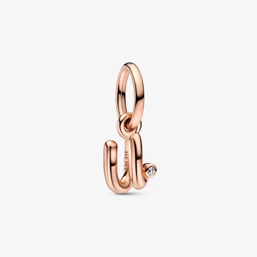 Pandora 782479C01 Letter u 14k rose gold-plated dangle with cle Letter u Script Alphabet Dangle Charm SS23 Cycle A