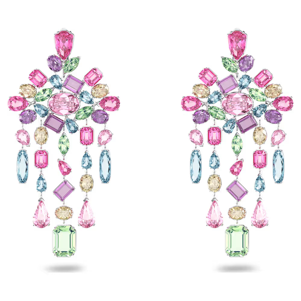 5601887 Swarovski GEMA:CE CHNDL CRMU/RHS Earrings Length: 4 1/8 inches x Width: 2 0 inches Rhodium plated Light Multicolored SS21