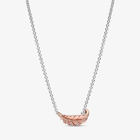 Pandora 382575C01-45 Feather sterling silver and 14k rose gold-pla Two-Tone Floating Curved Feather Collier Necklace SS23 Cycle B