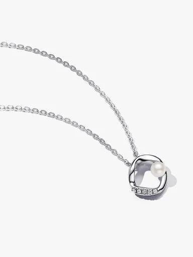 393303C01-45 Pandora Sterling silver collier with white treated freshwater cultured pearl and clear cubic zirconia