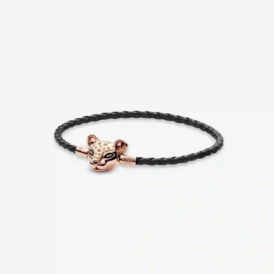 Pandora 588053CBK-S3 Rose SS19 Drop 5 20.5 cm Pandora Rose black leather bracelet and lioness clasp with honey cubic zirconia and black enamel