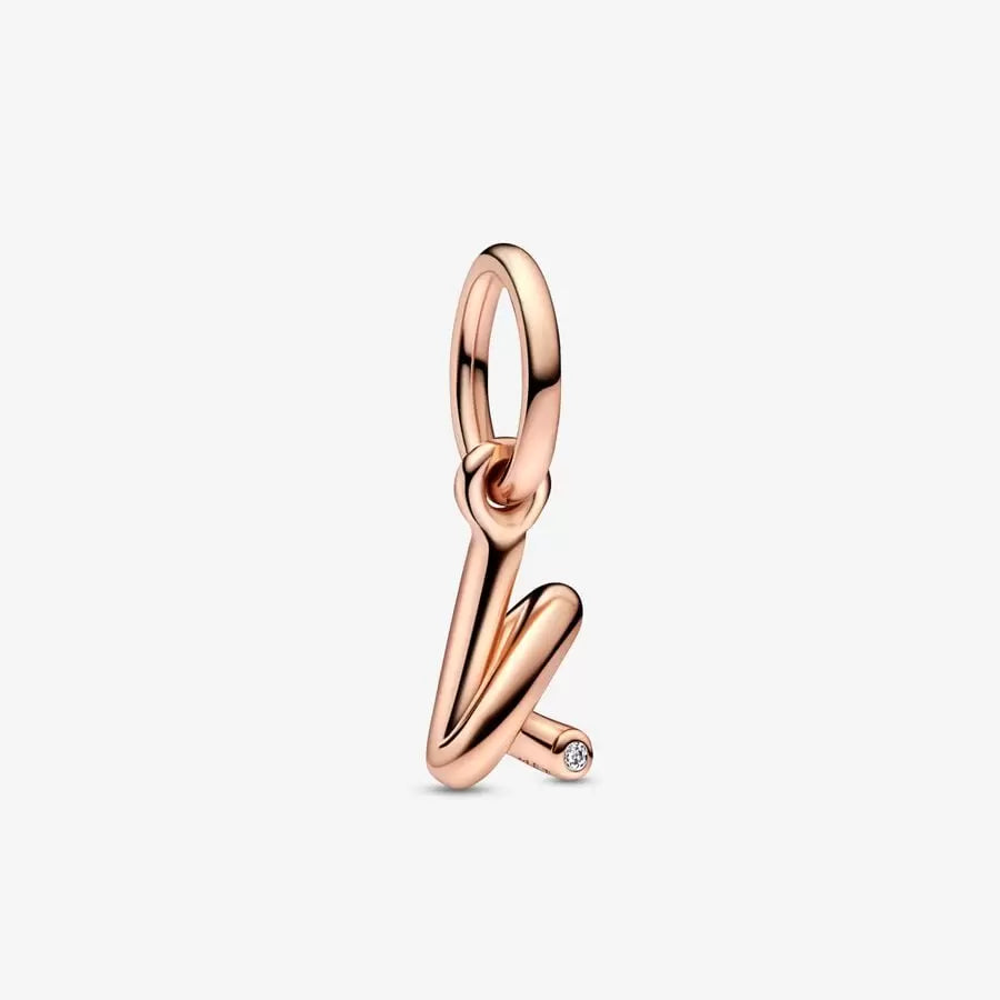 Pandora 782460C01 Letter k 14k rose gold-plated dangle with cle Letter k Script Alphabet Dangle Charm SS23 Cycle A
