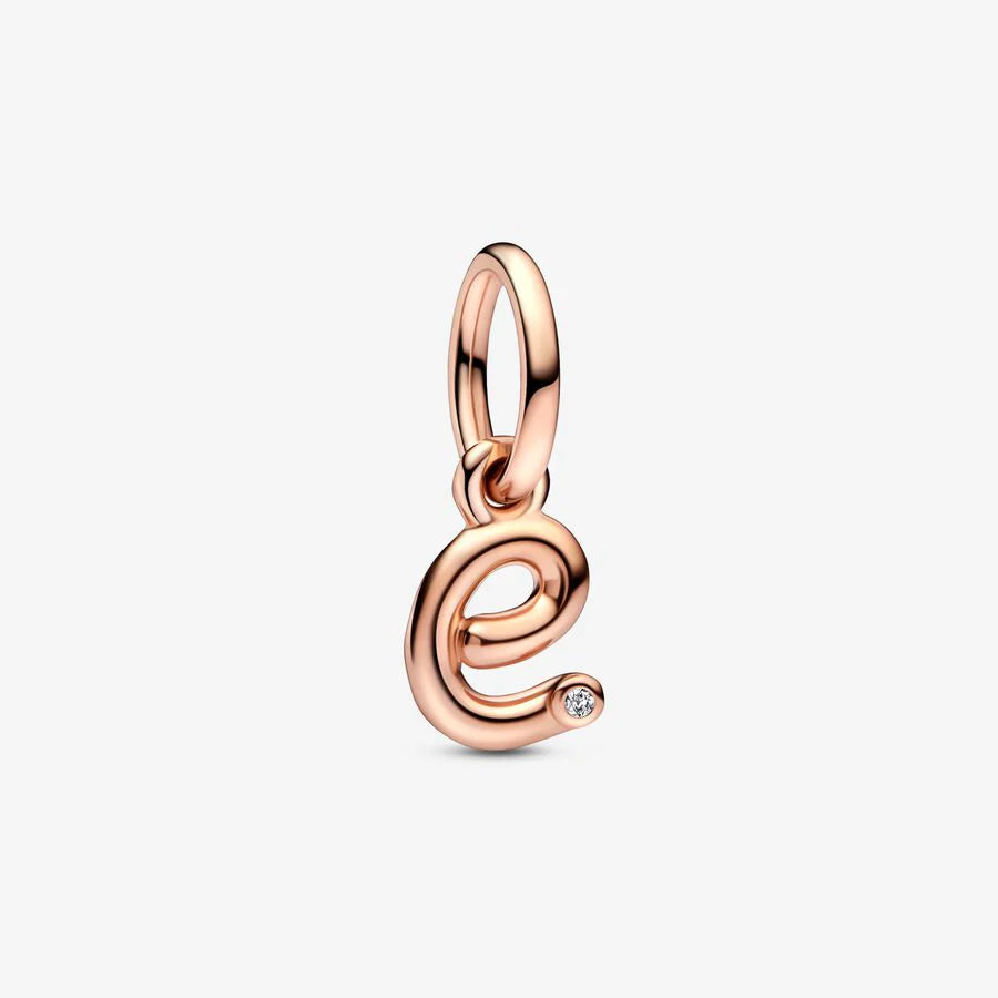 Pandora 782463C01 Letter e 14k rose gold-plated dangle with cle Letter e Script Alphabet Dangle Charm SS23 Cycle A