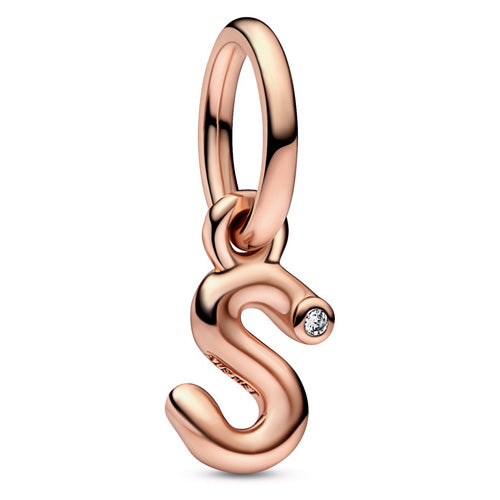 Pandora 782478C01 Letter s 14k rose gold-plated dangle with cle Letter s Script Alphabet Dangle Charm SS23 Cycle A