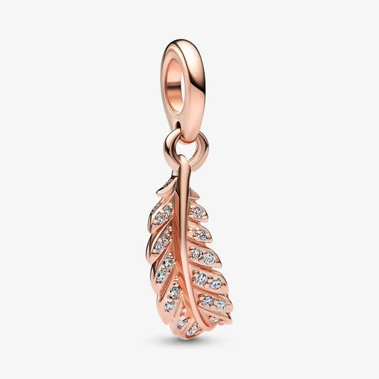 Pandora 782578C01 Feather 14k rose gold-plated dangle with clea Floating Curved Feather Dangle Charm SS23 Cycle B