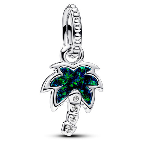 793352C01 Pandora Palm tree sterling silver dangle with green blue lab-created opal and clear cubic zirconia