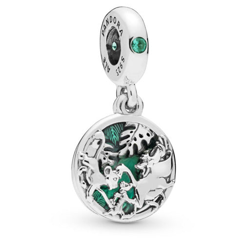 798043NRG Pandora AW19 Drop 6 Disney one size Disney Simba, Pumbaa and Timon silver dangle with royal green crystal and green enamel