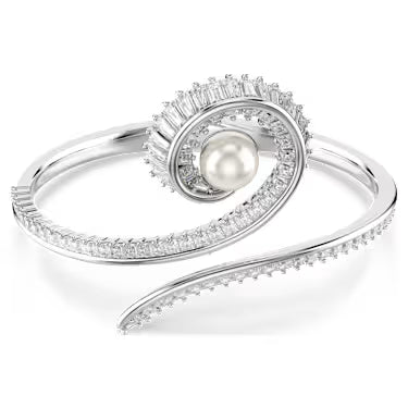 5720863 Swarovski Ariana Grande x Swarovski bangle Crystal pearl, Baguette cut, White, Rhodium plated