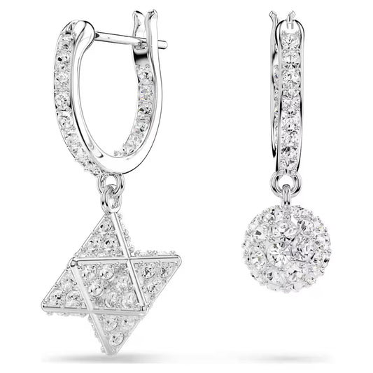 5693194 Dextera drop earrings Asymmetrical design, Round cut, Star and sphere, White, Rhodium plated