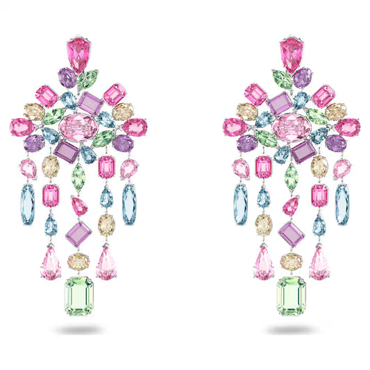 5601887 Swarovski GEMA:CE CHNDL CRMU/RHS Earrings Length: 4 1/8 inches x Width: 2 0 inches Rhodium plated Light Multicolored SS21