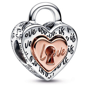 Pandora 782505C00 Heart padlock sterling silver and 14k rose go Two-tone Padlock Splittable Heart Charm SS23 Cycle A