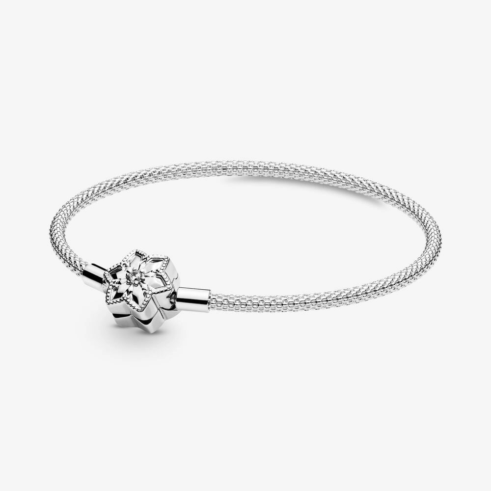 598616C01-17 Pandora Sterling Silver Mesh Bracelet with Snowflake Clasp and Clear Cubic Zirconia