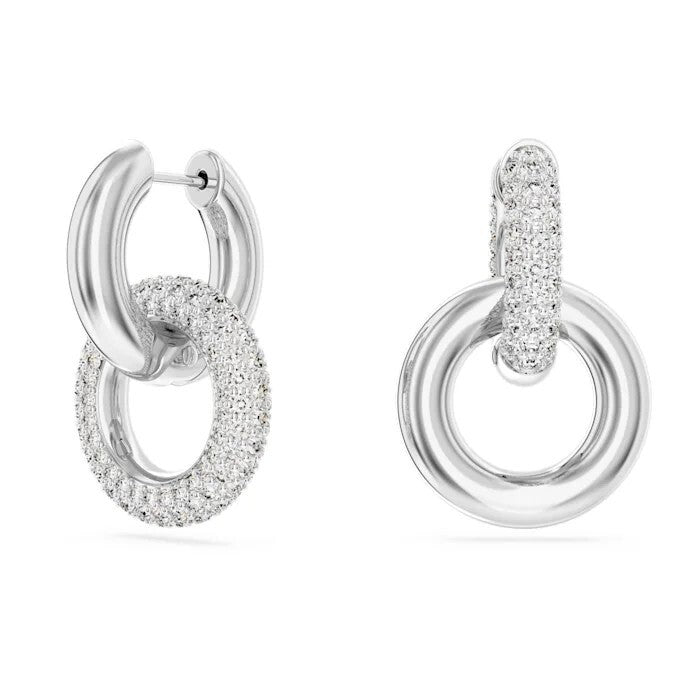 5671807 Dextera hoop earrings Asymmetrical design, Interlocking loop, White, Rhodium plated