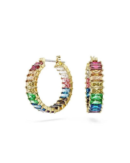 5685698 Swarovski Matrix hoop earrings Baguette cut, Multicolored, Gold-tone plated